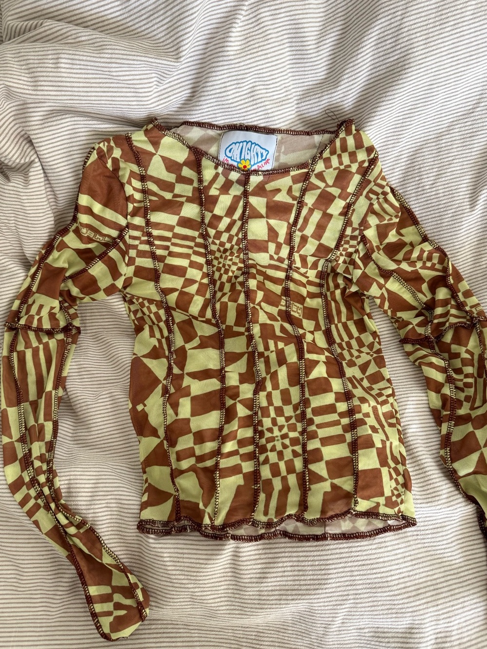omighty Green and Brown Checkerboard Long Sleeve Top